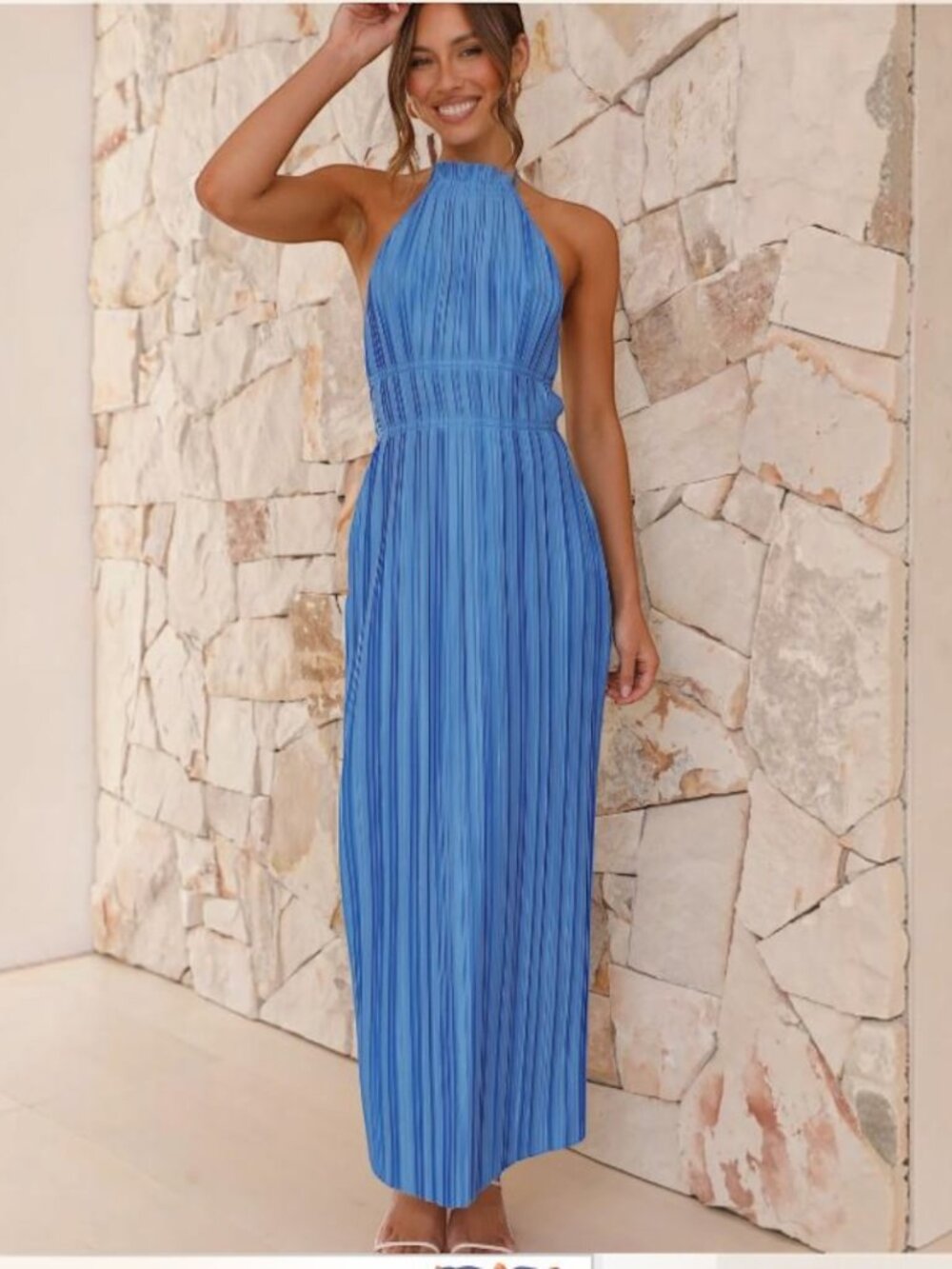 Billy J Frances Maxi Dress Blue Pleated Halter Open Back Smocked Waist SZ 6 NWT